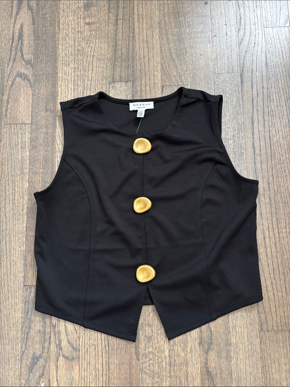 Rio & Skian Black Sleeveless Vest with Gold Accent Buttons